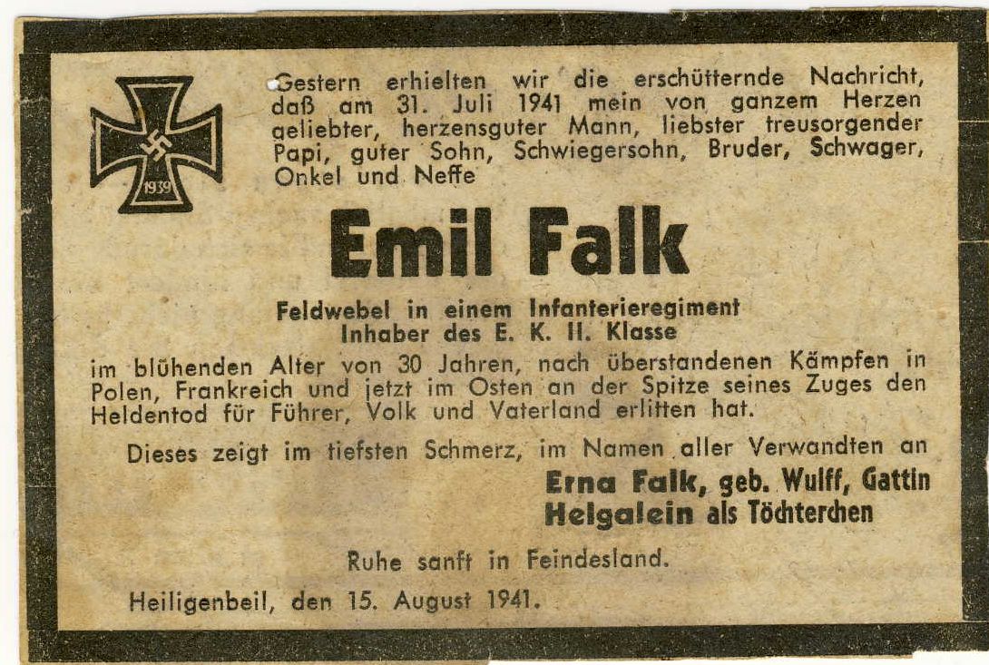 Todesanzeige für Emil Falk